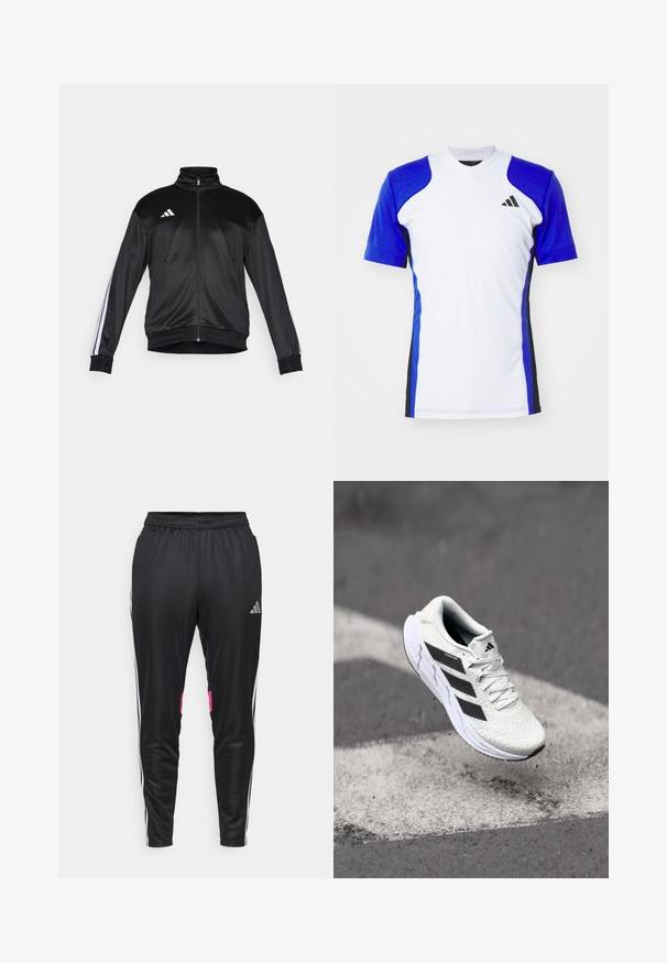 Črna športna jakna iz gladkega materiala, z visokim ovratnikom, zadrgo in belimi črtastimi detajli na rokavih. Na prsih je logo s tremi belimi črtami.; Kratek rokav športna majica v beli barvi z modrimi rokavi, z črnimi stranskimi akcenti in majhnim črnim logotipom na prsih. Gladka tkanina.; Črne športne hlače iz gladkega poliestra, z belimi bočnimi črtami, roza dodatki na žepih in elastičnim pasom.; Bela atletska čevlja z teksturiranim mrežastim zgornjim delom, črnimi črtami, zavezovanjem na vezalke in oblazinjenim podplatom, lebdi nad označeno cesto.