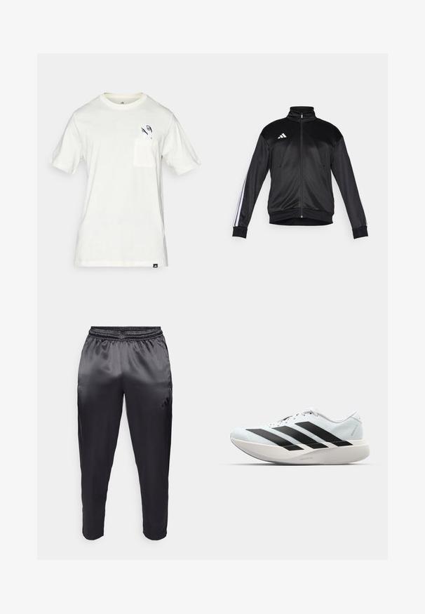 Svart treningsjakke laget av glatt stoff, med høy krage, glidelås og hvite striper på ermene. Tre hvite striper logo på brystet.; Hvit bomulls-T-skjorte med rund hals, med brystlomme og brodert motiv av golfkøller i mørkeblått på venstre side.; Svarte treningsbukser laget av glatt, lett stoff med elastisk midjebånd. Har en liten logo på venstre side og avsmalnende ben.; Lette løpesko i lys blå med svarte striper. Har en myk overdel, rund tå og tykk hvit mellomsole merket "LIGHTSTRIKE PRO."