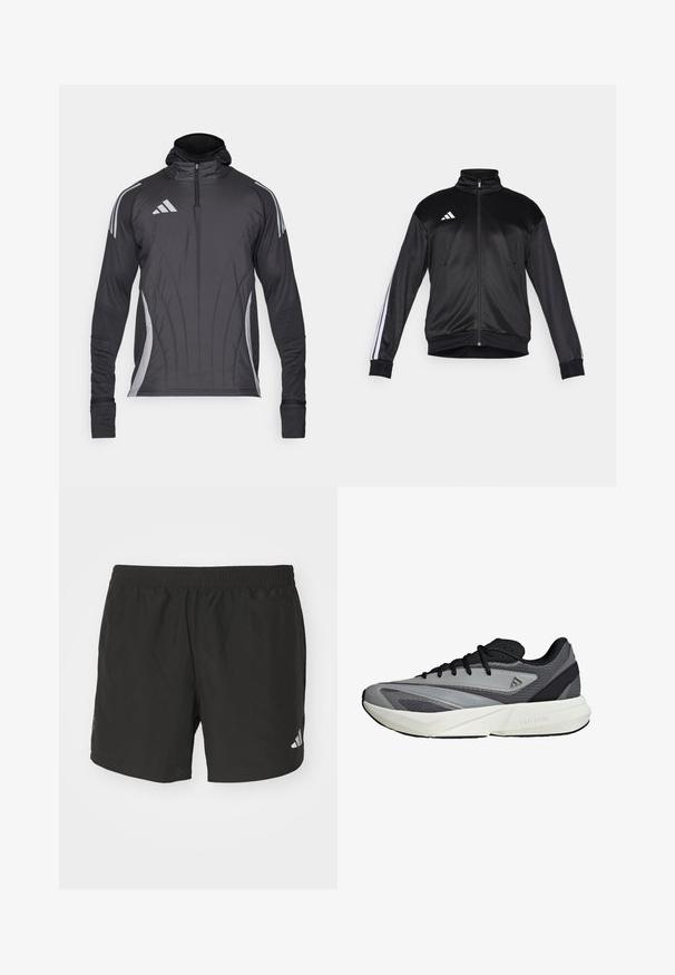 Sort træningsjakke lavet af glat stof, med høj krave, lynlås-lukning og hvide stribede detaljer på ærmerne. Tre hvide striber logo på brystet.; Sort atletisk jakke med hætte, lynlås foran og lange ærmer. Har grå striber og en tætsiddende pasform med tekstureret stof.; Sorte atletiske shorts med elastisk talje, sideskår og reflekslogo detajler. Fremstillet af letvægts, glat stof.; Sportssko i grå og sort med et elegant design, glat syntetisk overdel, mesh-detaljer og en let skum mellemsål mærket "LIGHTSTRIKE."