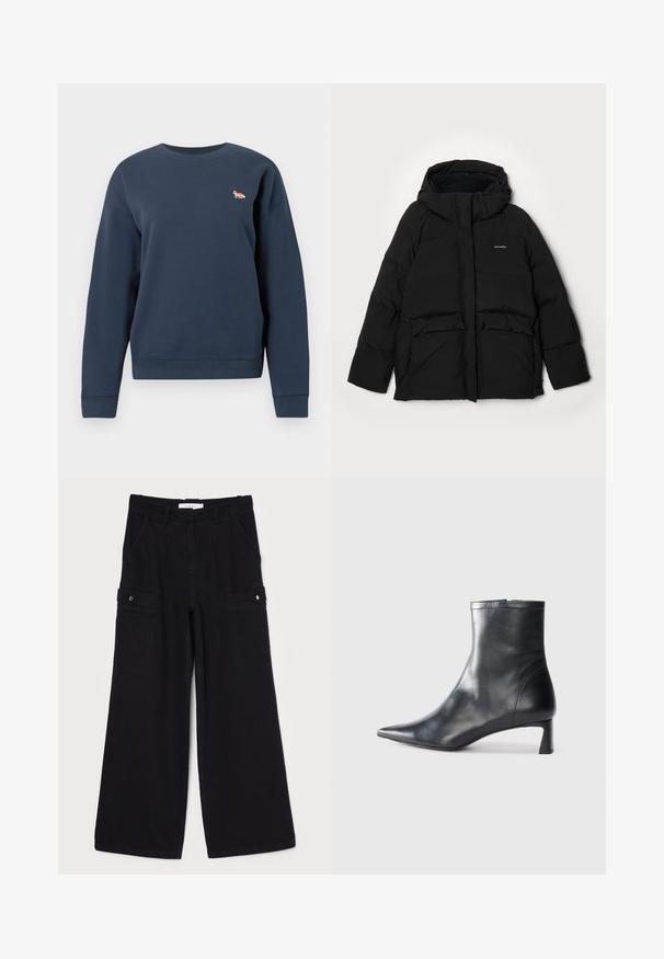 Melnā pūkaina jaka ar kapuci, ar priekšējo rāvējslēdzēju, divām lielām kabatām ar vākiem un "Halteweiler" logo kreisajā pusē. Mīksta tekstūra.; Tumši zila džemperis, izgatavots no mīksta auduma, ar apaļu kaklu un ribotām aprocēm. Mazs izšuvums ar lapsu uz krūtīm.; Melni platajā kāju kravas bikses izgatavotas no mīkstas auduma, ar priekšējām kabatām, sānu kravas kabatām un lieliem jostas cilpiņām. Rūpīga apdare.; Melnas ādas potītes zābaki ar norādītu pirkstu un elegantu dizainu. Iezīmē zemu papēdi un rāvējslēdzēja aizdari aizmugurē. Gluda tekstūra.