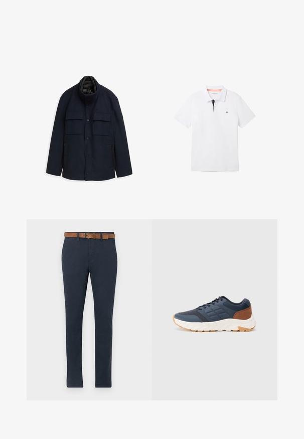 Námornícky modrý vlnený kabát s vysokým golierom, štyrmi prednými vreckami a zipsovými vreckami na stranách. Obsahuje zapínanie na gombíky a prešívanú vnútornú podšívku.; Biela polo tričko s čiernym golierom a oranžovým lemovaním, krátkymi rukávmi a malým logom na hrudi. Vyrobené z priedušnej bavlnenej zmesi.; Tmavomodré chinos vyrobené z bavlny s hladkou textúrou. Obsahujú hnedý semišový opasok s prackou a rovný strih.; Námornícky modré športové topánky s hnedým akcentom na päte, textúrovaný sieťovinový zvršok, polstrovaný golier a biela gumová podrážka s vzorovaným dezénom.