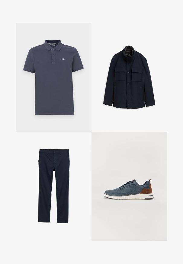 Navyblauwe wollen jas met een hoge kraag, vier voorzakken en zijzakken met rits. Voorzien van een knoopsluiting en een gewatteerde binnenvoering.; Marineblauwe poloshirt van een katoenmix met een knoopsluiting met twee knopen, korte mouwen en een klein geborduurd logo op de linkerborst.; Marineblauwe lichte broek met een zachte textuur, rechte pijpen, knoopsluiting en zijzakken.; Marineblauwe sneaker met gestructureerde stof, bruine leren accenten, ronde neuzen, witte tussenzool en contrasterende stiksels. Geschikt voor casual draag.