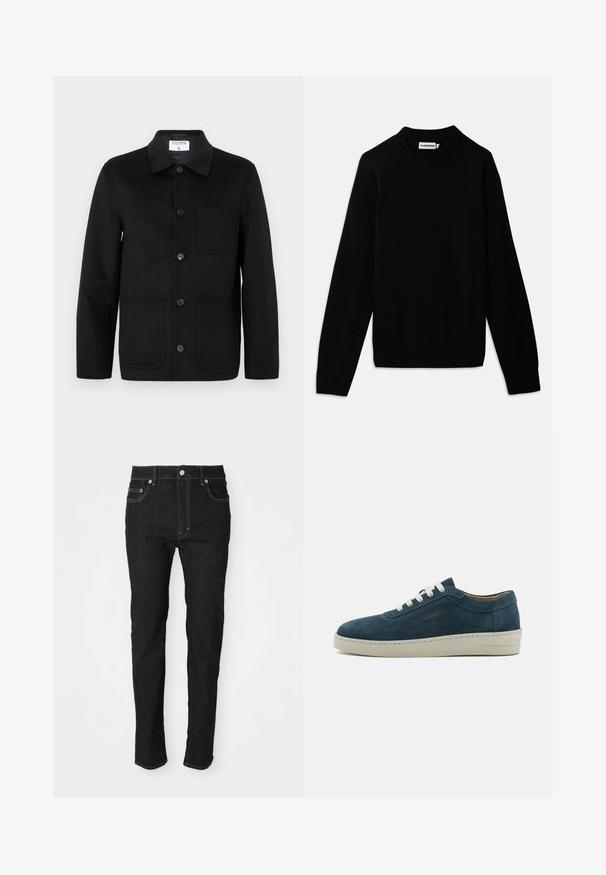 Crni vuneni kaput s ovratnikom, prednjim kopčanjem na gumbe, dva velika prednja džepa i jednim džepom na prsima. Glatka tekstura.; Crni pulover s rebrastim okruglim izrezom, dugim rukavima i teksturiranim pletenim uzorkom. Nema vidljivih logotipa ili ukrasa.; Crne uske traperice sa prednjim dugmetom, petljama za remen i pet džepova, prikazane na jednostavnoj bijeloj pozadini.; Plave sneakersice od umjetne kože s okruglim vrhom, bijelim vezicama i gumenom potplatom. Imaju suptilno šivanje i brandiranu oznaku sa strane.