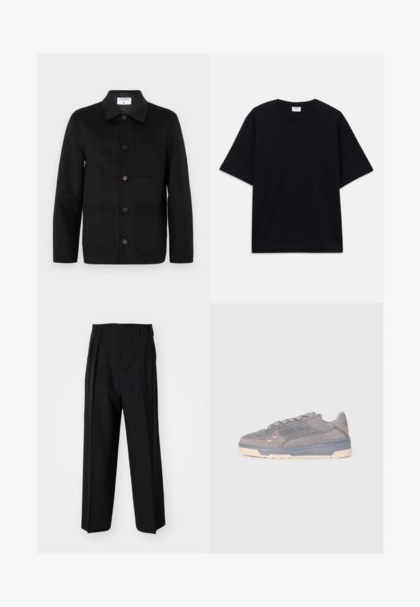 Fekete gyapjúdzseki álló gallérral, elől gombos záródással, két nagy elülső zsebbel és egy mellzsebbel. Sima felület.; Fekete, rövid ujjú, oversize póló kerek nyakkivágással és látható Filippa K márkacédulával a gallér belső részén.; Fekete, pliszírozott nadrág, egyenes, széles lábakkal. Sima anyagból készült, gombos záródással és övhurkokkal rendelkezik.; Szürke velúr sportcipő perforált részletekkel, vastag szürke középtalppal, krém színű külső talppal és fűzős záródással, oldalnézetben bemutatva fehér háttér előtt.