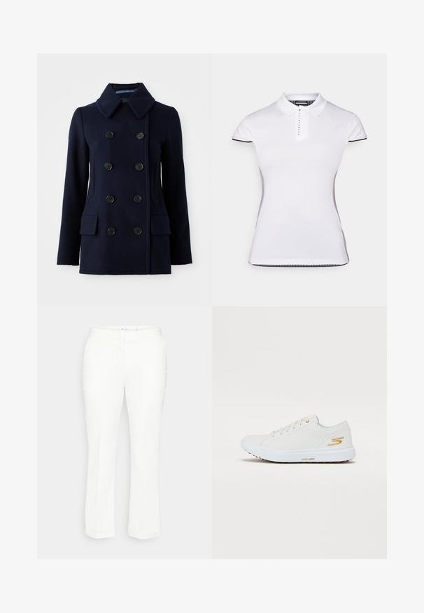 Tamsiai mėlynas dvigubos sagos paltas, pagamintas iš vilnos, su didelėmis juodomis sagomis, iškirpte ir dviem priekinėmis kišenėmis. Lygus paviršius.; Balta polo marškinėliai su trumpomis rankovėmis, apykakle ir priekiniais mygtukais. Juodos detalės ant rankovių ir šoninių siūlių. Minkšta, lygi tekstūra.; Baltos tiesios kojos kelnės su plokščiu juosmeniu, subtiliomis raukinėmis ir be matomų kišenių. Lygus paviršius, klasikinis dizainas.; Balti sportbačiai su lygiu sintetiniu viršumi, auksinėmis detalėmis ir tvirtu guminiu padu. Yra apvalus pirštas, raištelių dizainas ir paminkštinta vidinė dalis.