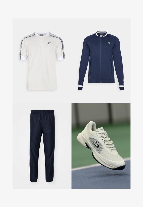 Marineblå zip-up jakke med hvit og blå stripet krage og mansjetter, to frontlommer og en liten brodert logo på brystet.; Kortermet polo skjorte i lys grå bomull, med hvit krage, to-knappslukking og mørkegrå aksontriper på skulderne.; Marine trackbukser laget av lett stoff, med elastisk livbånd og mansjetter, samt en logoakkent på siden for detaljer.; Hvite sportssko med mesh-overdel, svarte detaljer, teksturert såle og fremtredende logo på siden, plassert mot en bakgrunn av en bane.