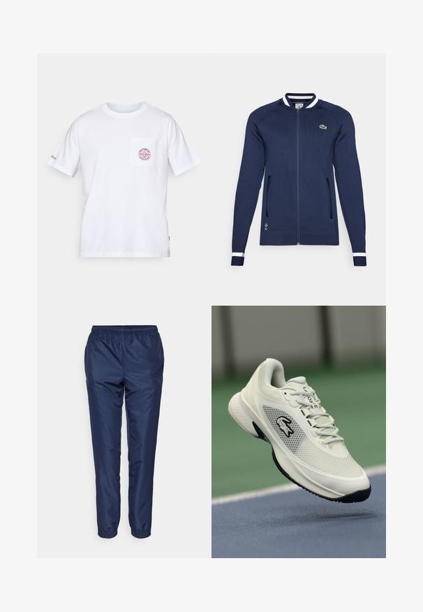 Jūrinis užtrauktuko džemperis su baltu ir mėlynu juostotu apykakle bei rankovėmis, dviem priekinėmis kišenėmis ir mažuoju siuvinėtus logotipu ant krūtinės.; Balta medvilnės marškinėliai su apvalia iškirpte, trumpomis rankovėmis ir priekiu kišenė, kuriame yra raudonas ir mėlynas logotipas. Standartinė forma.; Tamsiai mėlynos sportinės kelnės, pagamintos iš lengvos medžiagos, su elastingu juosmeniu ir siaurėjančiomis kojomis su elastinėmis apykaklėmis ties kulkšnies.; Balti sportiniai batai su tinkliniais viršutiniais, juodais akcentais, tekstūruotu padu ir išryškintu logotipu šone, eksponuojami prieš teismo foną.