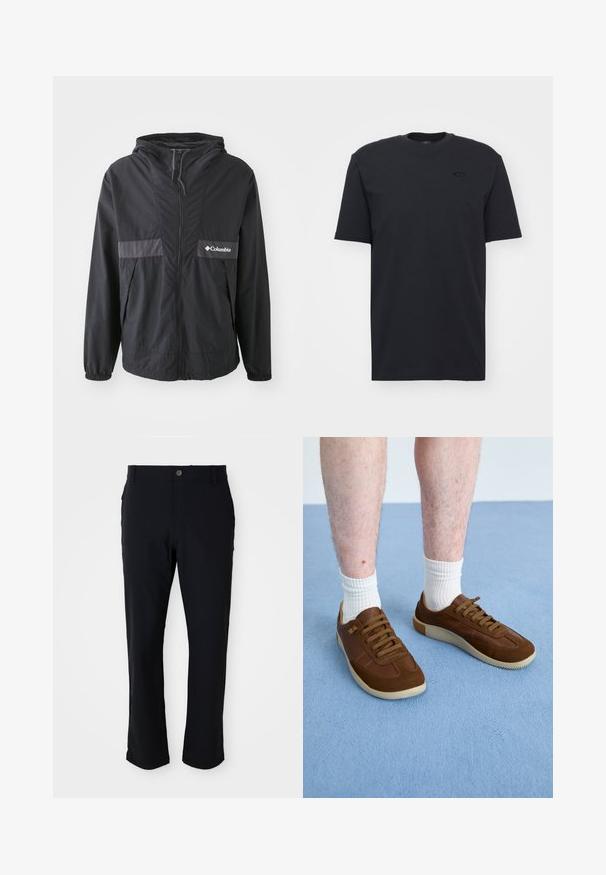 Schwarze Columbia-Jacke mit Reißverschluss, verstellbarer Kapuze und elastischen Bündchen. Mit einem grauen horizontalen Akzentpanel auf der Brust.; Schwarzes Baumwoll-T-Shirt mit kurzen Ärmeln und Rundhalsausschnitt, das ein dezentes Logo auf der Brust und einen lockeren Schnitt bietet.; Schwarze Hose mit Knopfverschluss, geradem Bein, glatter Textur und seitlichen Taschen, geeignet für verschiedene Anlässe.; Braune Sneakers aus Wildleder und Leder, mit einer Gummisohle, runder Form und sechs Ösen mit passenden braunen Schnürsenkeln.