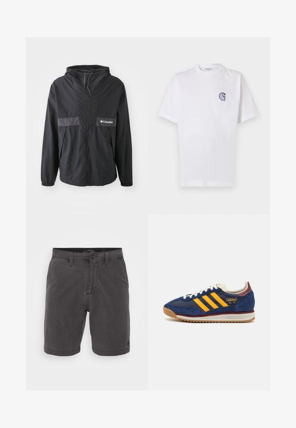 Black Columbia jacket with a zip closure, adjustable hood, and elastic cuffs. Features a grey horizontal accent panel on the chest.; White cotton t-shirt with short sleeves, round neckline, and a small, embroidered blue "C" logo on the left chest area.; Gray cotton shorts with a button closure, four pockets, and a woven label on the hem, featuring a straight-cut and smooth texture.; Navy suede sneaker with yellow stripes, white laces, and burgundy accents. Textured sole with grooves for traction. Brand logo on side.