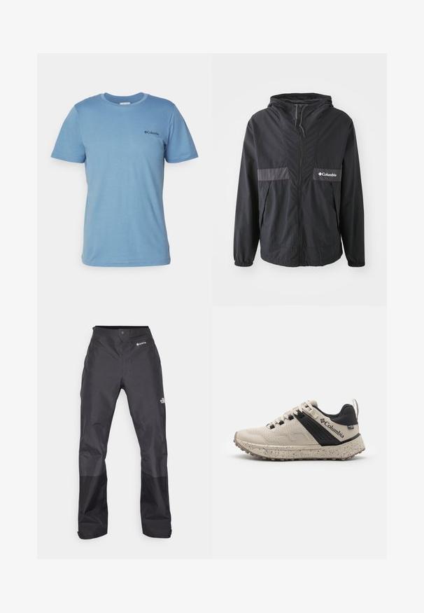 Černá bunda Columbia se zipem, nastavitelnou kuklou a elastickými manžetami. Obsahuje šedý horizontální akcentní panel na hrudi.; Columbia RAPID RIDGE™ BACK GRAPHIC TEE - Triko s potiskem - skyler; Černé voděodolné kalhoty s hladkou texturou, na přední straně s logem GORE-TEX a s zesílenými dolními nohavicemi pro větší odolnost.; Tenisky Columbia v béžové a černé barvě, s texturovaným síťovaným svrškem, mramorovanou mezipodešví a odolnou gumovou podrážkou pro lepší trakci.