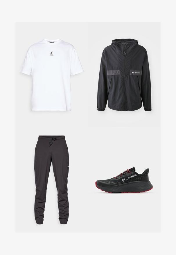 Musta Columbia-takki, jossa on vetoketjukiinnitys, säädettävä huppu ja elastiset hihansuut. Rintamuksessa on harmaa vaakasuora korostuspaneeli.; Valkoinen puuvillapaita, jossa on pyöreä kaula-aukko, lyhyet hihat ja musta kenguru-logo painettuna rintaan. Monikäyttöinen maailmanmukainen pukeutuminen.; Mustat kiristysnauhalliset urheiluhousut, joissa on sivutaskut, hieman ryppyinen kangas ja pieni näkyvä logo oikeassa reidessä.; Musta urheilukenkä, jonka pinnassa on tekstuuri, punaiset nauhat ja logo. Paksu pohja, jossa on kuvioitu pito. Minimalistinen muotoilu, sivunäkemys.