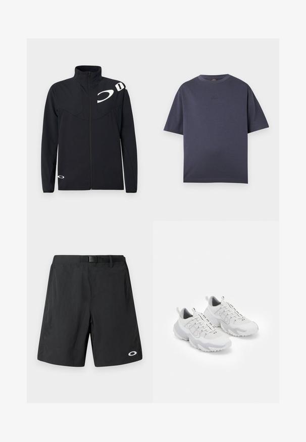 Oakley ENHANCE TECH JACKET - Sommerjakke - blackout; Mørkeblå t-skjorte med korte ermer laget av myk bomullsblanding. Rund hals, avslappet passform, med et diskret preget logo på brystet.; Sorte svømmedraktbukser med en jevn tekstur, med et belte i midjen og en hvit logo nederst til høyre. Designet har lengde til midten av låret.; Hvite treningssko med mesh-overdel, grå detaljer, teksturert gummisåle og pull-tabs på hælen; har et snøresystem.