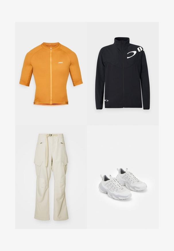 Oakley ENHANCE TECH JACKET - Lehká bunda - blackout; POC THERMAL LITE - Cyklistický dres - bauxite brown; Béžové cargo kalhoty s širokými nohavicemi, páskem v pase, dvěma bočními kapsami a kolenními záplatami. Hladká textura s vyztuženými švy.; Bílé sportovní boty s síťovinovým svrškem, šedými akcenty, strukturovanou gumovou podrážkou a poutky na patě; obsahují šněrovací design.