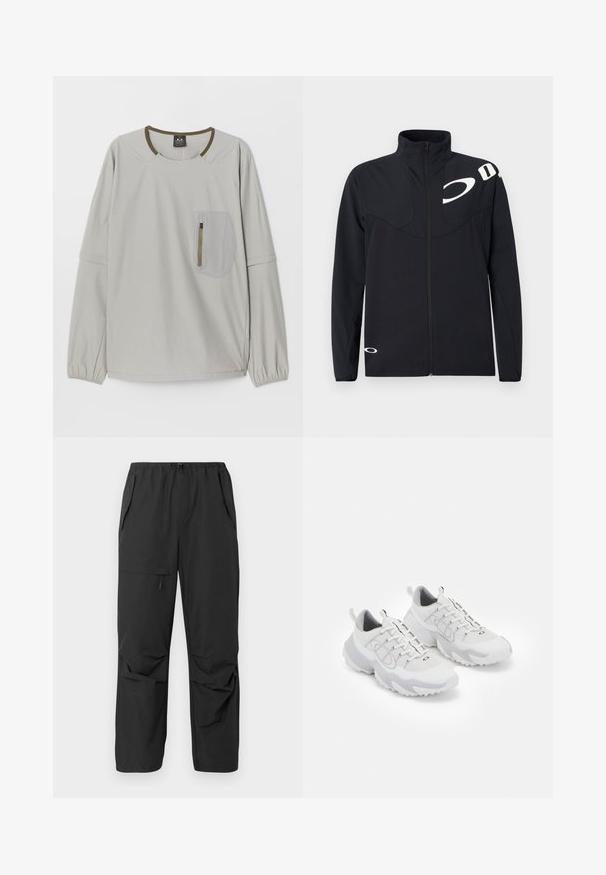 Oakley ENHANCE TECH JACKET - Tunn jacka - blackout; Ljusgrå långärmad topp med rund halsringning, elastiska muddar och en texturerad ficka med dragkedja på framsidan.; Svarta, lätta byxor med elastisk midja, sidofickor och avslappnad passform. Slät textur, inga synliga mönster eller detaljer.; Vita atletiska skor med ovandel i mesh, grå detaljer, texturerad gummisula och dragflikar på hälen; har en snörningsdesign.