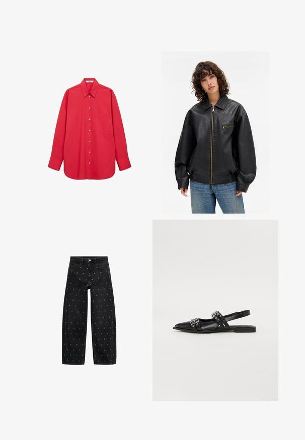 Čierna kožená bomber bunda s predným zipsom, bočnými vreckami a hnedými prešívaniami. Má široký golier a voľný strih.; Mango Blúzka so zapínaním na gombíky - red; Čierne denimové nohavice s voľným strihom a vzorom malých strieborných očiek, so klasickým dizajnom piatich vreciek a zapínaním na gombík.; Even&Odd Balerínky - black