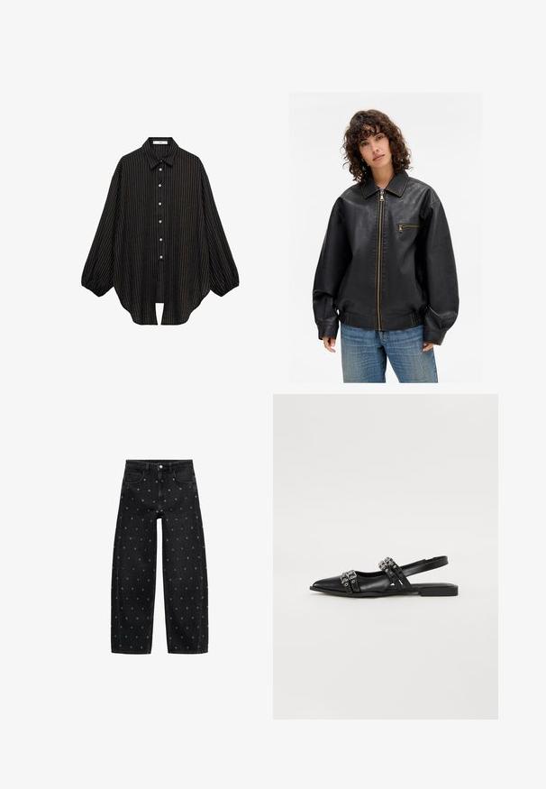 Giubbotto bomber in pelle nera con zip frontale, tasche laterali e dettagli in cuciture marroni. Presenta un ampio colletto e una vestibilità rilassata.; Camicia a righe nere con collo a camicia, chiusura con bottoni e maniche ampie. Caratterizzata da sottili righe verticali e una silhouette morbida.; Jeans a gamba larga in denim nero con un motivo di piccoli occhielli in argento, dotati di un classico design a cinque tasche e chiusura con bottone.; Even&Odd Ballerine - black