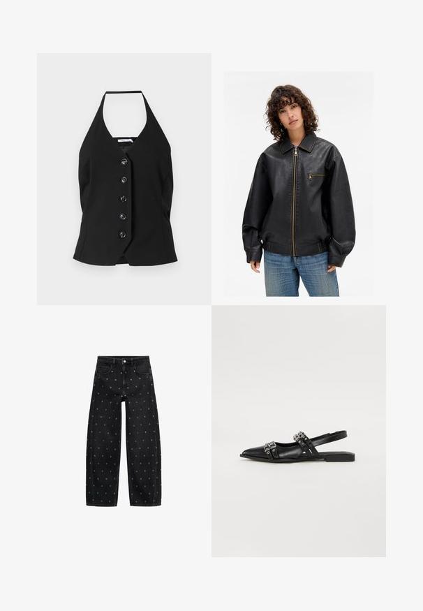 Musta nahkabomber-takki, jossa on etuvetoketju, sivutaskut ja ruskeat ompeleet. Mukana laaja kaulus ja rento istuvuus.; Mustat hihnatoppi, jossa on syvä V-kaula-aukko ja kuusi suurta nappia edessä, valmistettu sileästä kankaasta, joka antaa rakenteen istuvuuden.; Mustat farkut, joissa on leveät lahkeet ja pieniä hopeisia niittejä, klassinen viisi-taskuinen muotoilu ja nappisuljenta edessä.; Even&Odd Ballerinat - black
