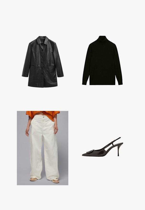 Černý kožený kabát s texturovaným povrchem, tříčtvrtečními rukávy, špičatým límcem a předními knoflíky; obsahuje dvě boční kapsy.; Černý dlouhý rukáv turtleneck svetr s jednoduchým designem a přiléhavými manžetami na bílém pozadí.; Bílé džíny s širokými nohavicemi, bočními kapsami a rovným střihem, s knoflíkovým zapínáním a kontrastním prošíváním.; Černé lakované kožené sandály se špičatou špičkou, minimalistickým designem, malým kulatým akcentem na nártu a štíhlým podpatkem.