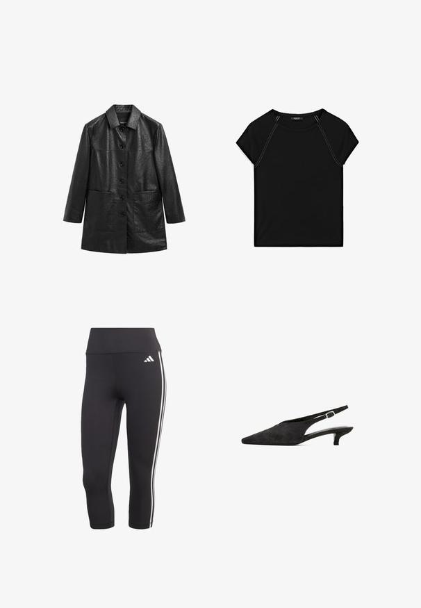 Zwart leren jas met een gestructureerd oppervlak, driekwart mouwen, puntige kraag en knopen aan de voorkant; heeft twee zijzakken.; Zwarte top met korte mouwen, voorzien van een ronde halslijn en contrasterende witte stiksels langs de schouders en zijkanten. Zachte, gladde stof.; Zwarte driekwart leggings gemaakt van rekbaar materiaal, met een brede tailleband en drie witte strepen langs de zijkanten.; Zwarte suède slingback schoenen met een spitse neus, een bescheiden hak en een dunne enkelband met een zilveren gespsluiting. Over het algemeen een gladde textuur.