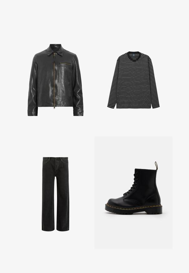 Jachetă din piele neagră cu fermoar în față, guler și un buzunar lateral. Prezintă o textură lucioasă și accente de hardware aurii.; Tricou cu mânecă lungă, în dungi alb-negru, fabricat din bumbac moale. Are un guler rotund și un guler ribat negru în contrast.; Blugi negri din denim cu picioare largi și talie înaltă, având un design clasic cu cinci buzunare și ușoară decolorare pentru un aspect texturat.; Bocanci negri din piele, cu șireturi în față, cusături galbene, vârf rotunjit și o talpă groasă din cauciuc texturat.