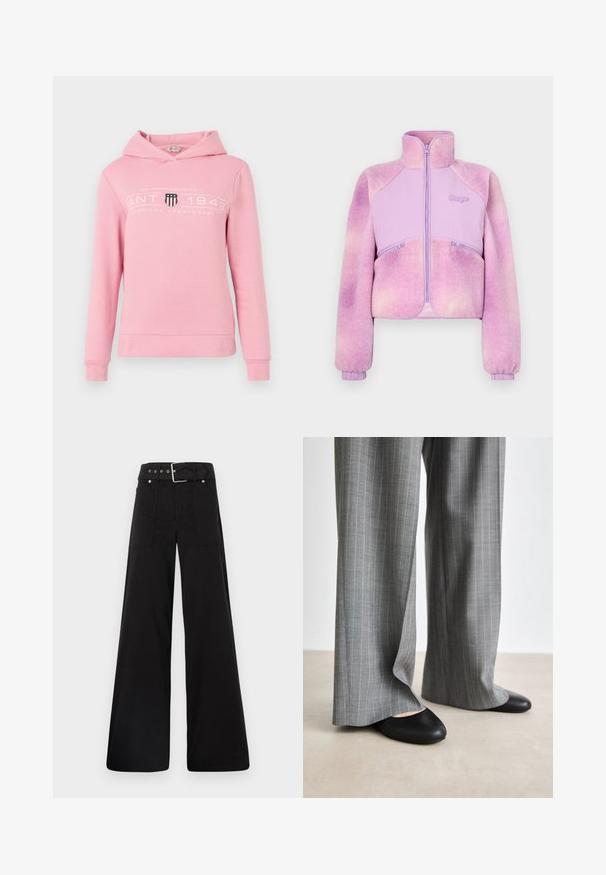 Fleecejacke in sanftem lila mit durchgehendem Reißverschluss, hohem Kragen und gerippten Bündchen. Verfügt über zwei Reißverschlusstaschen. Weiche Textur.; Rosa Kapuzenpullover aus Baumwollmischung mit einem Frontlogo "GANT 1948" und einem Schilddesign. Lange Ärmel und eine Kordelzugkapuze.; Schwarzes Baumwoll-T-Shirt mit kurzen, aufgerollten Ärmeln, rundem Halsausschnitt und rotem Etikett. Glatte Textur, taillierte Form mit minimalen Details.; Schwarze weitgeschnittene Hose aus Baumwolle, mit hoher Taille, großen Seitentaschen und einem taillierten Bund mit silbernen Hardware-Akzenten.; Graue, gestreifte, weit geschnittene Hosen aus einem glatten Material, kombiniert mit schwarzen Lederballetschuhen mit runder Spitze.