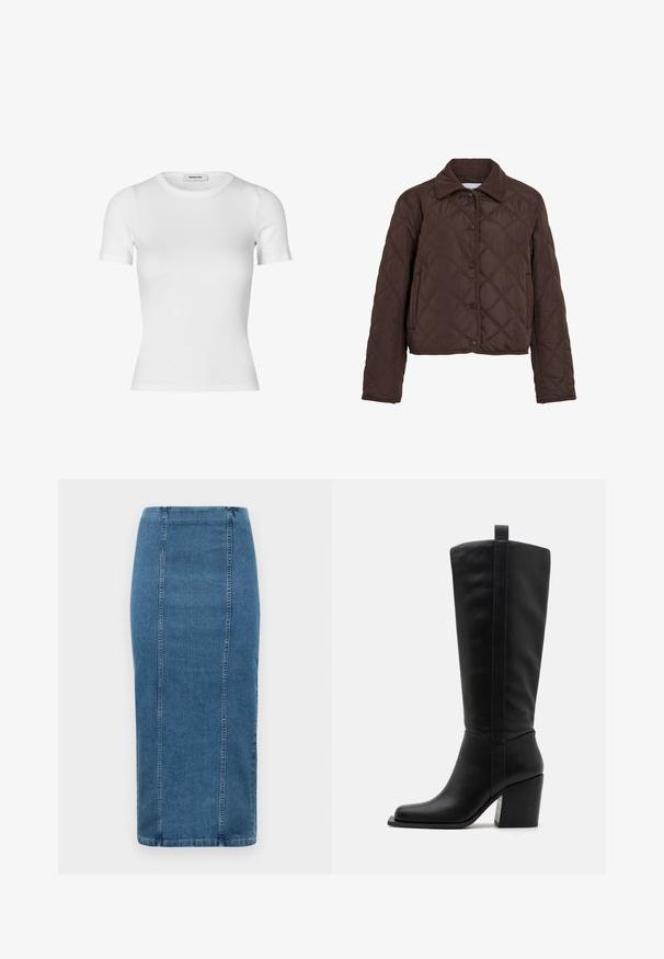 Barna steppelt dzseki, patent gombokkal, oldalsó zsebekkel és kordbársony gallérral, fehér háttér előtt bemutatva.; Fehér, rövid ujjú póló bordás pamutból. Testhezálló fazon, kerek nyakkivágással és sima felülettel. Nincsenek minták vagy díszítések.; Kék farmer nadrágszoknya függőleges varratokkal és magas derékkal, térd alatt ér, fehér háttér előtt bemutatva.; Fekete bőr, térdig érő csizmák, négyzet alakú orral, keskeny sarokkal és függőleges varrással a külső szár mentén. Simább textúra.
