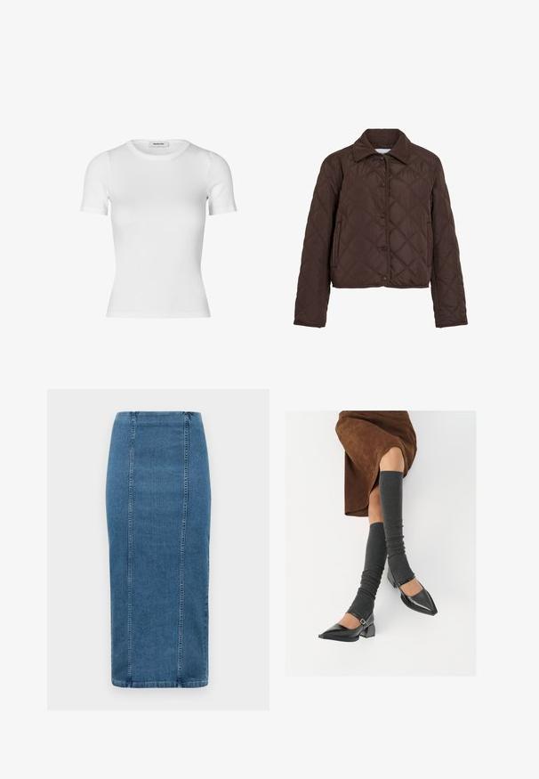 Giacca trapuntata marrone con bottoni a pressione, tasche laterali e colletto in velluto a coste, mostrata su uno sfondo bianco.; T-shirt bianco a maniche corte realizzato in cotone a coste. Design aderente con scollatura a girocollo e texture liscia. Senza motivi o decorazioni.; Gonna a matita in denim blu con cuciture verticali e vita alta, che arriva sotto il ginocchio, esposta su uno sfondo bianco.; Scarpe nere in pelle verniciata con punta affilata, tacco a blocco e cinturino alla caviglia, abbinate a scaldamuscoli grigi a coste e una gonna in suede marrone.