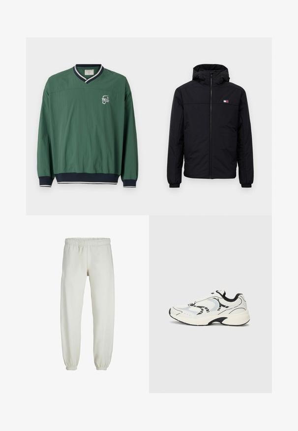 Schwarze Winterjacke mit Kapuze, Frontreißverschluss, elastischen Bündchen und kleinem rechteckigen Logo auf der linken Brust.; Grüner Pullover mit V-Ausschnitt, kontrastierendem marineblauem Rippkragen und elastischen Bündchen. Verfügt über ein kleines weißes Logo auf der Brust. Leichtes Material.; Weiße Jogginghose aus weichem Stoff, mit elastischem Bund und Säumen, einer glatten Textur und lockerem Schnitt.; Weiße Sportsneaker mit schwarzen Akzenten, ausgestattet mit einem mesh Obergematerial, gepolsterten Sohlen und geometrischen Designelementen. Markenlogo an der Seite.