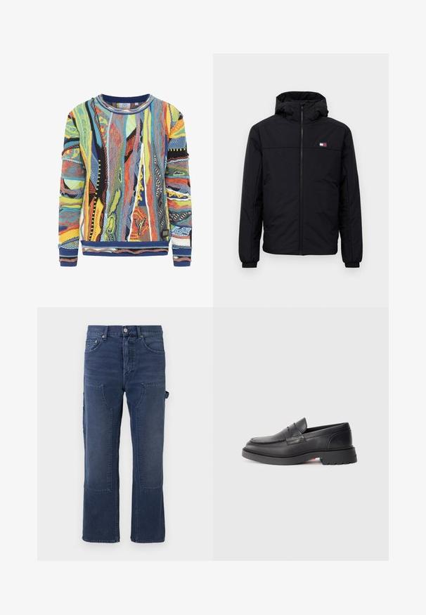 Črna zimska jakna s kapuco, sprednjim zadrgo, elastičnimi manšetami in majhnim pravokotnim logotipom na levem prsnem delu.; Večbarvna pletena jopica z abstraktnimi vzorci v modri, rumeni, rdeči in črni barvi. Rebrast ovratnik in manšete, teksturirana tkanina.; Temno modri jeans hlače s sproščenim krojem, z nalepkami na žepih, ravnim krojem nog in rahlim zbledenjem na tkanini.; Črne usnjene mokasine z zaobljenim nosom, dvignjenim šivom in debelim gumijastim podplatom. Preprost dizajn z minimalnim logotipom na strani.