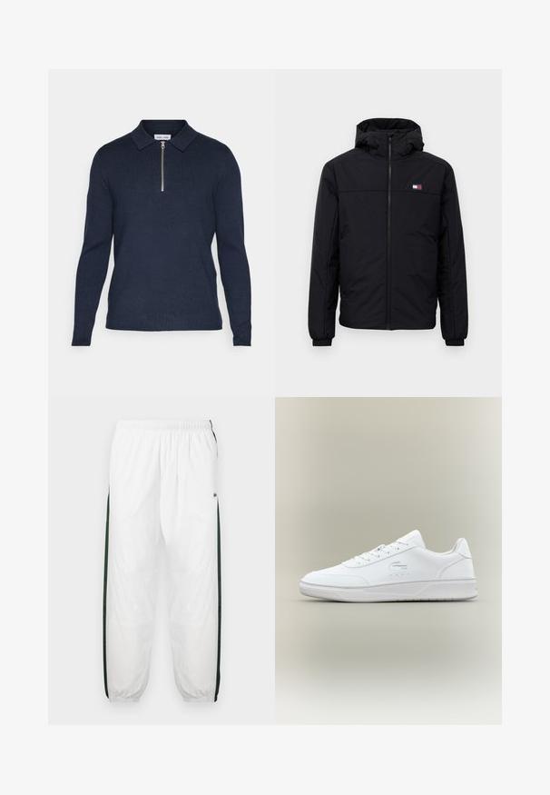 Svart huva vinterjacka med framdragkedja, elastiska ärmar och liten rektangulär logotyp på vänster bröst.; Mörkblå långärmad polo med dragkedja i kragen, tillverkad av ett strukturerat stickat tyg. Har en rak nederkant och åtsittande ärmar.; Vita träningsbyxor med mörkgröna sidopaneler. Lätt material, elastisk midjeband och nedhasade fållar. Har nätstruktur på sidopanelerna.; Vita lädersneaker med rund tå, snörning och låg sula. Har perforerade detaljer och präglad logotyp.