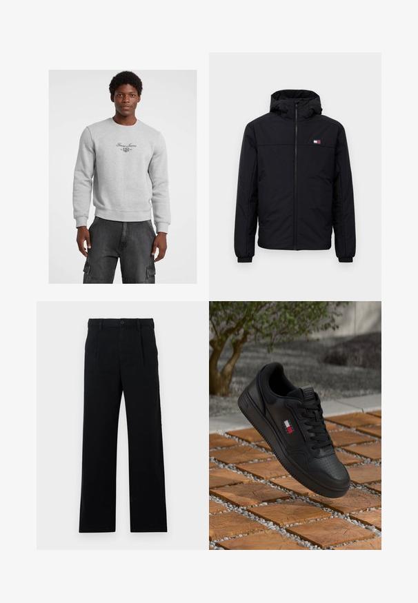 Jachetă de iarnă neagră cu glugă, cu fermoar frontal, manșete elastice și un mic logo rectangular pe pieptul stâng.; Sweatshirt gri cu guler rotund, manșete și tiv din material elastic. Prezintă logo-ul și emblema "Guess Jeans" în negru pe piept. Purtați cu pantaloni cargo negri.; Pantaloni negri, croiți, din bumbac; au un front plat, cusături vizibile și un croi drept. Închidere cu nasture la talie.; Adidași negri din piele cu vârf perforat și accente texturate. Prezintă un mic logo în roșu, alb și albastru pe lateral.