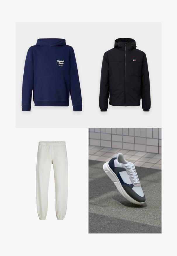 Crna zimska jakna s kapuljačom, prednjim zatvaračem, elastinim manžetama i malim pravokutnim logotipom na lijevoj strani prsa.; Tamnoplava dukserica s kapuljačom, s prednjim kengur džepom, rebrastim manžetama i logotipom na prsima. Izrađena od mekog materijala s glatkom teksturom.; Bijele trenirke napravljene od mekanog materijala, s elastikom u struku i na manžetama, glatke teksture i labavog kroja.; Bijela, mornarsko plava i siva tenisica s dizajnom od miješanih materijala, koja ima teksturirani gornji dio, ravne vezice i udoban đon.