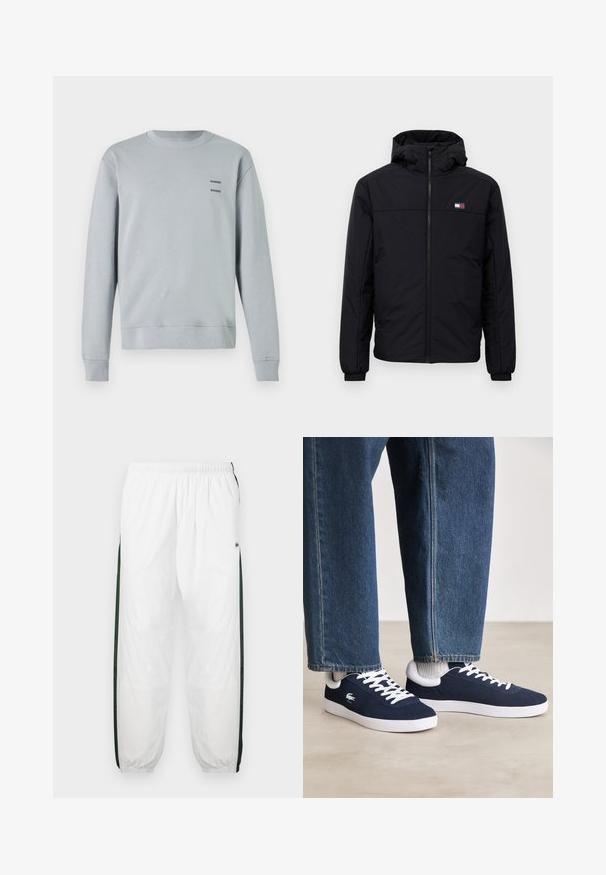 Svart hettejakke for vinteren med frontglidelås, elastiske mansjetter og en liten rektangulær logo på venstre bryst.; Lys grå hettegenser laget av mykt stoff, med rund hals, ribbestrikkede mansjetter og søm, samt to svarte "SAMSØE" logoer på brystet.; Hvite joggebukser med mørkegrønne sidelommer. Lett materiale, elastisk midje og mansjetter ved buksebenene. Har mesh-struktur på sidene.; Blå kanvas sneakers med hvite snørebånd og gummisul, vist sammen med denimbukser og grå ribbestrikkede sokker, på en lys grå overflate.