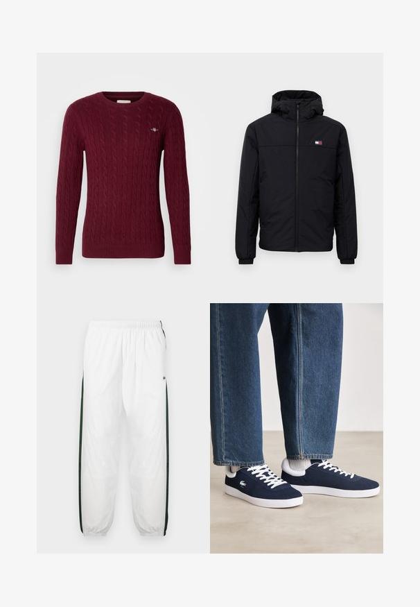 Jachetă de iarnă neagră cu glugă, cu fermoar frontal, manșete elastice și un mic logo rectangular pe pieptul stâng.; Pulover burgund cu tricotaj și guler rotund, cu mâneci lungi și un mic logo brodat pe partea stângă a pieptului.; Pantaloni de trening albi cu panouri laterale de culoare verde închis. Material ușor, talie elastică și tivuri manșonate. Prezintă o textură din plasă pe panourile laterale.; Tenisi din pânză albaștri cu șireturi albe și tălpi din cauciuc, expuși alături de pantaloni din denim și șosete gri cu dungi, pe o suprafață gri deschis.