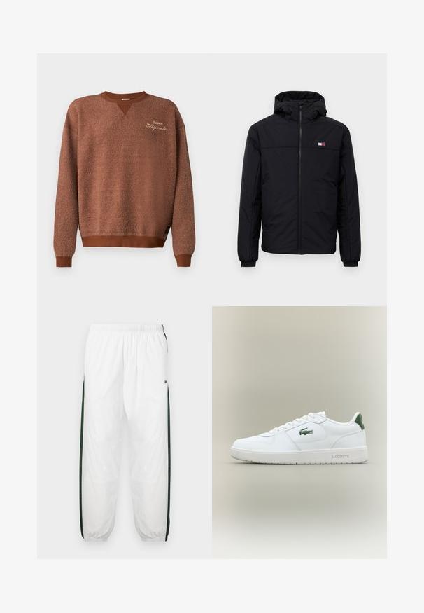 Črna zimska jakna s kapuco, sprednjim zadrgo, elastičnimi manšetami in majhnim pravokotnim logotipom na levem prsnem delu.; Rjava sweatshirt z teksturirano površino, ki ima obliko V-izreza in rebraste manšete. Izšit oznaka z napisom "Guess Originals."; Bela tekaška hlače s temno zelenimi stranskimi ploščami. Lahka material, elastični pas in prikrajšani robovi. Imajo mrežasto teksturo na stranskih ploščah.; Bela usnjena tenisačka obutev s gladko površino, z zelenimi poudarki na peti in zelenim logotipom ob strani. Ima ravno podplat in okroglo konico.