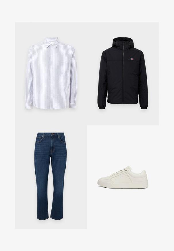 Zwarte winterjas met capuchon, voorzijde met rits, elastische boorden en klein rechthoekig logo op de linkerkant van de borst.; Gestreepte overhemd in lichtblauw en wit. Kenmerkt zich door een puntige kraag, lange mouwen en een enkele borstzak. Katoenen stof.; Donkerblauwe denim jeans met een rechte pijp, vijf zakken, subtiele gestikte details en een knoopsluiting aan de voorkant.; Witte leren sneaker met een soepele textuur, ronde neus, platte rubberen zool en ingewikkelde stiksels. Beschikt over een logo detail aan de zijkant.