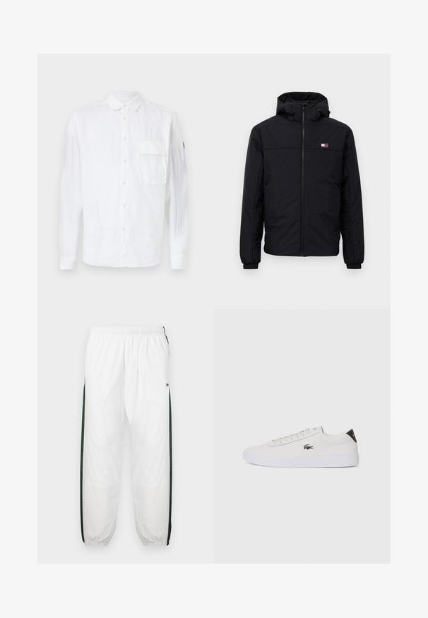 Juodas žiemos švarkas su gobtuvu, su priekiniais užtrauktukais, elastingais rankogaliais ir mažuoju stačiakampiu logotipu kairėje krūtinės pusėje.; Balta lininė marškininė su ilgomis rankovėmis, mygtukų užsegimu priekyje, smailiu apykakle, viena krūtine kišene ir logotipu ant rankovės. Maloni tekstūra.; Baltos treniruočių kelnės su tamsiai žaliais šonų juostelėmis. Lengva medžiaga, elastinga juosmens juosta ir apASPIRUOTI rankogaliai. Šonų juostelėse yra tinklelio tekstūra.; Balti odiniai sportbačiai su apvalia nosimi, raištelių užsegimu priekyje ir juodu akcentu ant kulno. Šone yra mažas išsiuvinėtas krokodilo logotipas.
