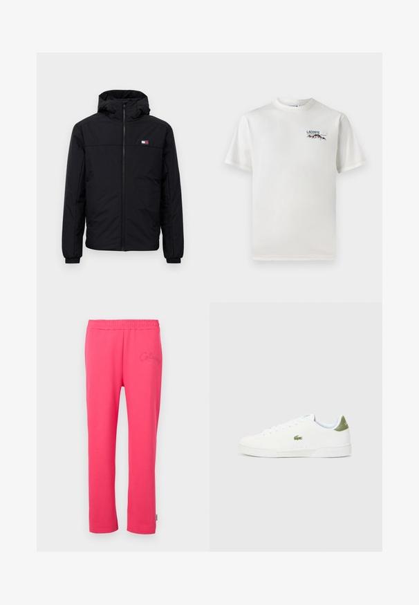 Crna zimska jakna s kapuljačom, prednjim zatvaračem, elastinim manžetama i malim pravokutnim logotipom na lijevoj strani prsa.; Bijela pamučna majica s okruglim izrezom, kratkim rukavima i malim izvezenim logotipom koji prikazuje planine i tekst na lijevoj strani grudi.; Roze pamučne hlače za opuštanje s elastičnim pojasom i izvezenim logotipom sprijeda. Imaju kroj ravnih nogavica.; Bijele tenisice s glatkom teksturom, s zelenim akcentom na peti i malim izvezenim logotipom krokodila sa strane.