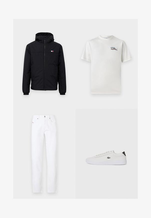 Crna zimska jakna s kapuljačom, prednjim zatvaračem, elastinim manžetama i malim pravokutnim logotipom na lijevoj strani prsa.; Bijela pamučna majica s okruglim izrezom, kratkim rukavima i malim izvezenim logotipom koji prikazuje planine i tekst na lijevoj strani grudi.; Bijele traperice s ravnim nogavicama, koje imaju klasičan dizajn s pet džepova i metalnu kopču. Minimalistički stil bez uzoraka.; Bijele kožne tenisice s okruglim vrhom, vezanjem sprijeda i crnim detaljem na peti. Imaju mali izvezeni logotip krokodila s bočne strane.
