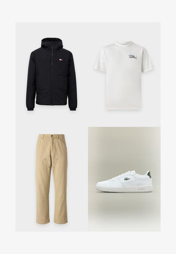 Must tume kapuutsiga talvejakk, millel on eesneede, elastsed mansetid ja väike ristkülikukujuline logo vasakul rinnal.; Valge puuvillane T-särk ümmarguse kaelusega, lühikeste varrukatega ja väikese tikandiga logoga, millel on mäed ja tekst vasakul rinnal.; Khaaki värvi cargo püksid, mis on valmistatud puuvillast ja millel on vabalt liikuv istuvus. Üksikasjalikud omadused sisaldavad kahte külge lukuga taskut ja nähtavaid õmblemise detaile.; Valge nahkne spordijalats sujuva viimistlusega, rohelised aktsendid kanna peal ja roheline logo küljel. Omab lamedat tallat ja ümmargust varvast.