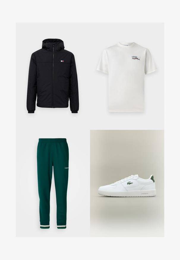 Melnas kapuces ziemas jaka ar priekšējo rāvējslēdzēju, elastīgām aprocēm un mazu taisnstūrveida logo kreisajā krūtīs.; Balts kokvilnas T-krekls ar apaļu kakla izgriezumu, īsām piedurknēm un mazu izšūtu logo ar kalniem un tekstu kreisajā krūtīs.; Zaļas sporta bikses, kas izgatavotas no mīksta auduma, ar šauru piegriezumu, elastīgu jostu un svītrām pie piedurknēm. Logo ir attēlots uz sānu.; Baltas ādas sneakers ar gludu apdari, zaļiem akcentiem uz papēža un zaļu logotipu sānos. Iezīmē platu zoli un apaļu pirkstu.