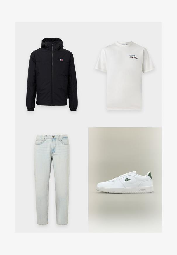 Chaqueta de invierno negra con capucha, cierre frontal, puños elásticos y pequeño logo rectangular en el lado izquierdo del pecho.; Camiseta de algodón blanca con cuello redondo, mangas cortas y un pequeño logotipo bordado que presenta montañas y texto en el lado izquierdo del pecho.; Jeans de mezclilla azul claro con corte recto, diseño de cinco bolsillos y cierre de botón. La tela presenta una textura deslucida y ligeramente desgastada.; Zapatilla de cuero blanca con un acabado suave, acentos verdes en el talón y un logotipo verde en el lateral. Presenta una suela plana y una puntera redonda.