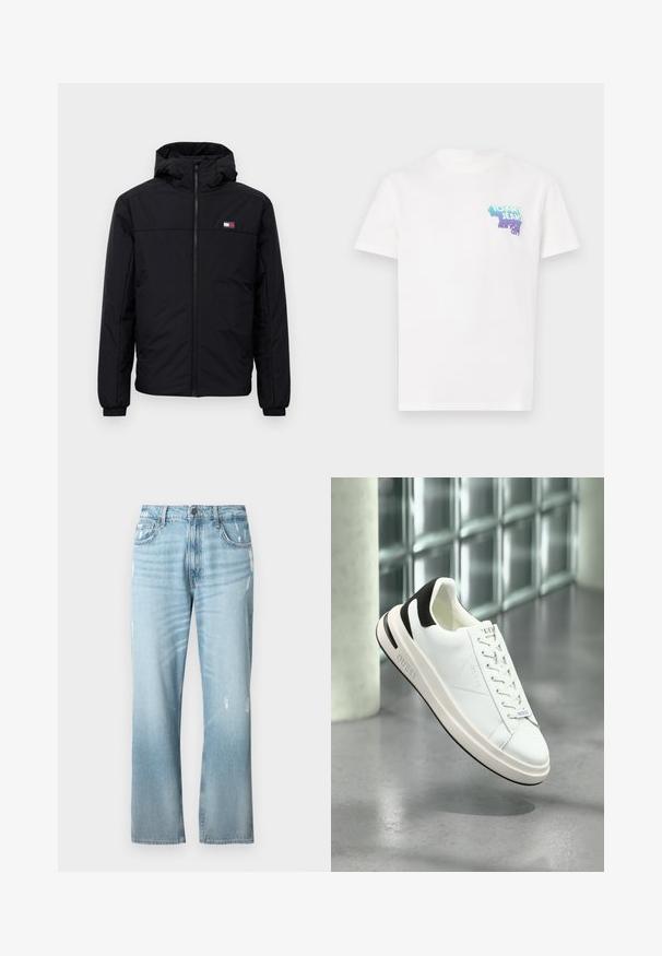 Juodas žiemos švarkas su gobtuvu, su priekiniais užtrauktukais, elastingais rankogaliais ir mažuoju stačiakampiu logotipu kairėje krūtinės pusėje.; Balta medvilnė marškinėliai su daugiaspalviu grafikiniu logotipu ant kairiojo krūtinės, apvaliu kaklu ir trumpomis rankovėmis.; Šviesiai mėlyni džinsai su šiek tiek laisvu tiesiu kirpimu, su nusidėvėjimo akcentais, klasikiniu penkių kišenių dizainu ir mygtuko uždarymu.; Balti odiniai sportbačiai su juodais akcentais, plokščia raištelių uždarymo sistema ir tekstūruotu padu. Šone ir liežuvyje matomas "GUESS" logotipas.