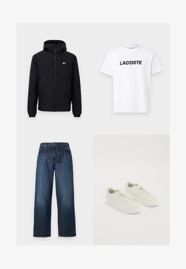 Črna zimska jakna s kapuco, sprednjim zadrgo, elastičnimi manšetami in majhnim pravokotnim logotipom na levem prsnem delu.; Bela bombažna majica s poudarjenim črnim logotipom "LACOSTE" na prsih. Kratki rokavi in oblikovanje z okroglim izrezom.; Temno modri kavbojasti hlače s ravnim krojem, vidnim šivom, petimi žepi in gumbom za zapiranje v pasu. Gladka tekstura.; Par nizko profilnih snežnih čevljev v off-white barvi z beige poudarki, debelimi podplati in belimi vezalkami na enotni beli podlagi.