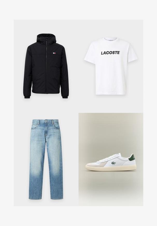 Crna zimska jakna s kapuljačom, prednjim zatvaračem, elastinim manžetama i malim pravokutnim logotipom na lijevoj strani prsa.; Bijela pamučna majica s istaknutim crnim logotipom "LACOSTE" na prsima. Kratki rukavi i dizajn s okruglim izrezom.; Svijetloplave traperice s ravnim nogavicama, s blagim izblijedjelim dijelovima, pet džepova i dugmetom za zatvaranje. Srednji struk.; Bijela tenisica s zelenim naglascima, od suede i kožnih materijala, zaobljenog prsta, teksturirane potplate, te izvezenim logotipom sa strane i na jeziku.