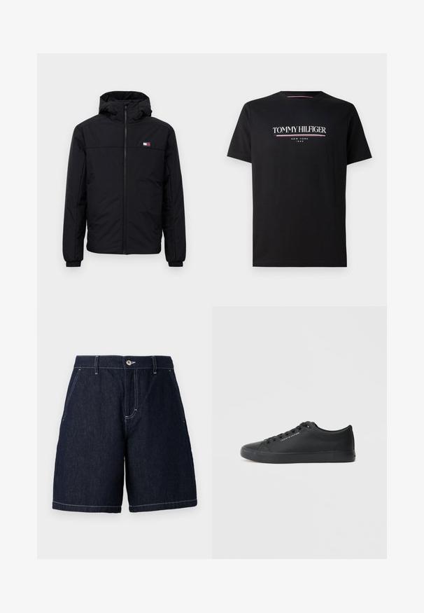 Veste d'hiver noire à capuche avec fermeture éclair à l'avant, poignets élastiques et petit logo rectangulaire sur la poitrine gauche.; T-shirt en coton noir avec un logo blanc et coloré "TOMMY HILFIGER" avec "NEW YORK" et "1985" en texte plus petit en dessous. Manches courtes, col rond.; Shorts en denim foncé à coupe droite. Dotés d'une fermeture à bouton, de poches avant et de surpiqûres blanches contrastantes le long des bords.; Tommy Hilfiger VULC LOW - Baskets basses - triple black