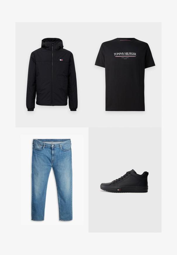 Mustat hupullinen talvitakki, jossa on etuvetoketju, elastiset hihansuut ja pieni suorakulmainen logo vasemmassa rinnassa.; Musta puuvillane t-särk, millel on valge ja värviline "TOMMY HILFIGER" logo ning "NEW YORK" ja "1985" väiksemas tekstis all. Lühikesed varrukad, ümmargune kaelus.; Siniset farkut suoran lahkeen leikkauksella, joissa on viisi taskua, napitettava suljenta ja ommeltu yksityiskohta saumoissa.; Mustat korkeat tennarit, joissa on sileä synteettinen yläosa, pyöreä kärki, litteä pohja ja pieni punainen, valkoinen ja sininen yksityiskohta sivussa.