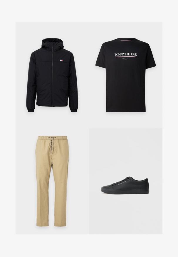 Črna zimska jakna s kapuco, sprednjim zadrgo, elastičnimi manšetami in majhnim pravokotnim logotipom na levem prsnem delu.; Črnen bombažni majica s kratkimi rokavi, ki prikazuje belo in obarvano logo "TOMMY HILFIGER" z "NEW YORK" in "1985" v manjšem pisanju spodaj. Kroj s krožnim izrezom.; Beige hlače z elastičnim pasom, nastavljivim vrvico, ravnimi nogavicami in lahkotno teksturo tkanine.; Tommy Hilfiger VULC LOW - Športni copati - triple black