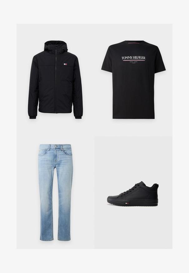 Black hooded winter jacket with front zipper, elastic cuffs, and small rectangular logo on the left chest.; Black cotton t-shirt featuring a white and colored "TOMMY HILFIGER" logo with "NEW YORK" and "1985" in smaller text below. Short sleeves, crew neck.; Light blue denim jeans with a straight leg design, five pockets, visible stitching, and a faded finish near the thighs and knees.; Black high-top sneakers with a smooth synthetic upper, round toe, flat sole, and a small red, white, and blue accent on the side.
