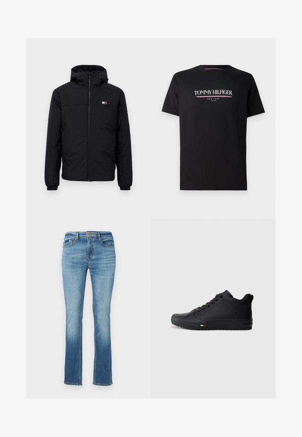 Chaqueta de invierno negra con capucha, cierre frontal, puños elásticos y pequeño logo rectangular en el lado izquierdo del pecho.; Camiseta de algodón negra con un logo "TOMMY HILFIGER" en blanco y colorido, con "NEW YORK" y "1985" en texto más pequeño debajo. Mangas cortas, cuello redondo.; Jeans de mezclilla azul claro con un diseño de pierna recta, que presentan un estilo clásico de cinco bolsillos y un ligero desteñido en la tela.; Zapatillas negras de caña alta con parte superior sintética lisa, punta redonda, suela plana y un pequeño detalle en rojo, blanco y azul en el lateral.